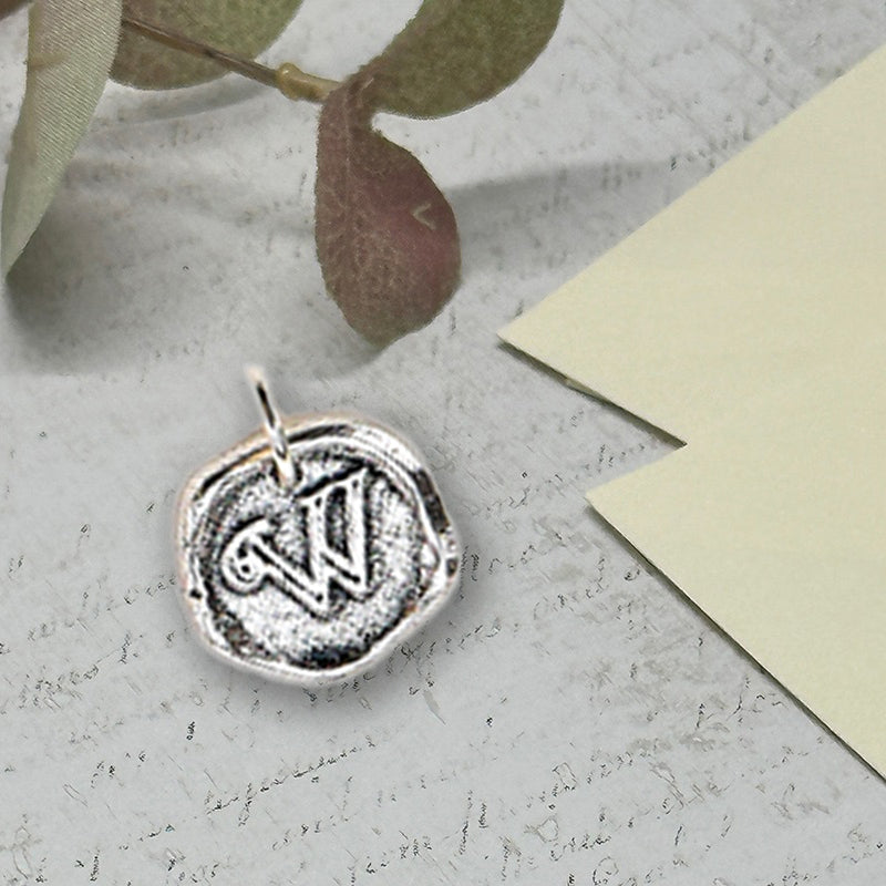 Petite Initial Wax Seal Charm 5/8" -Antiqued Silver -Made In Italy