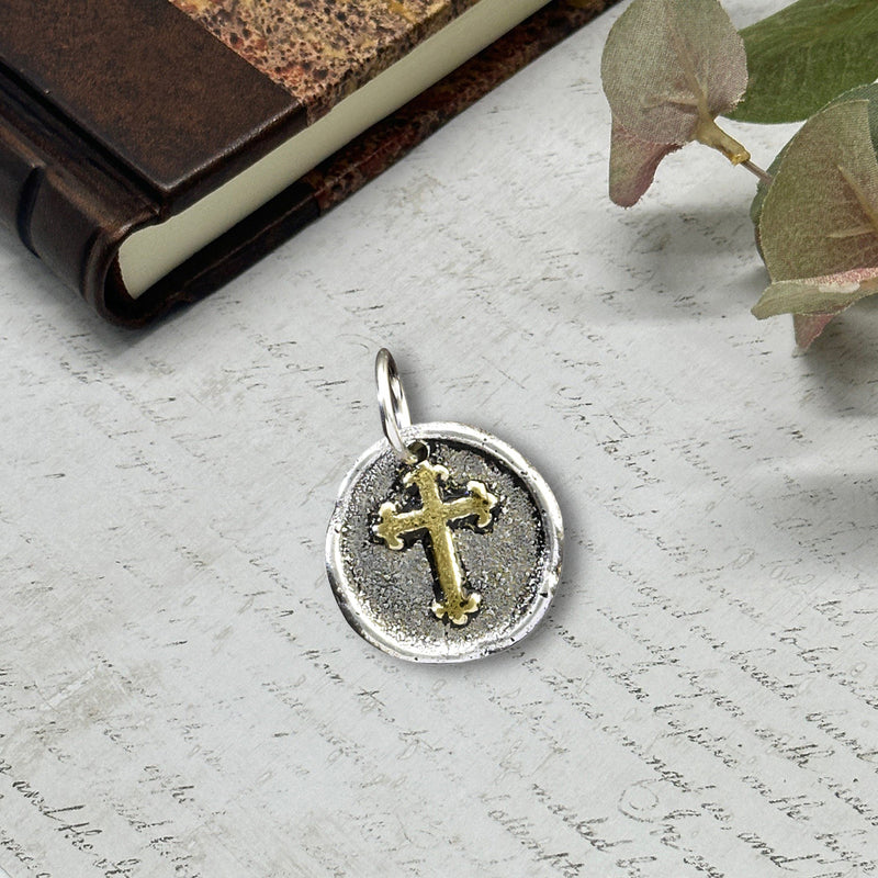 French Cross Petite Wax Seal Charm 5/8" Antiqued Silver with Brass Accent-Made in Italy