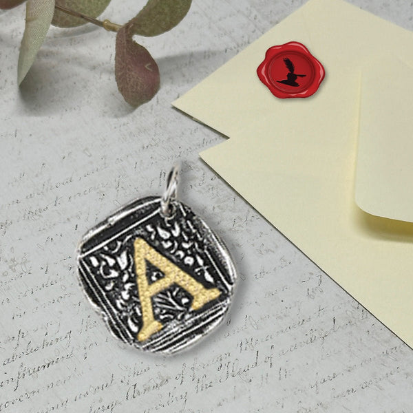 Filigree Initial Wax Seal Charm 1" square - Antiqued Silver/Brass Initial Accent - Made in Italy - Nostalgic Impressions