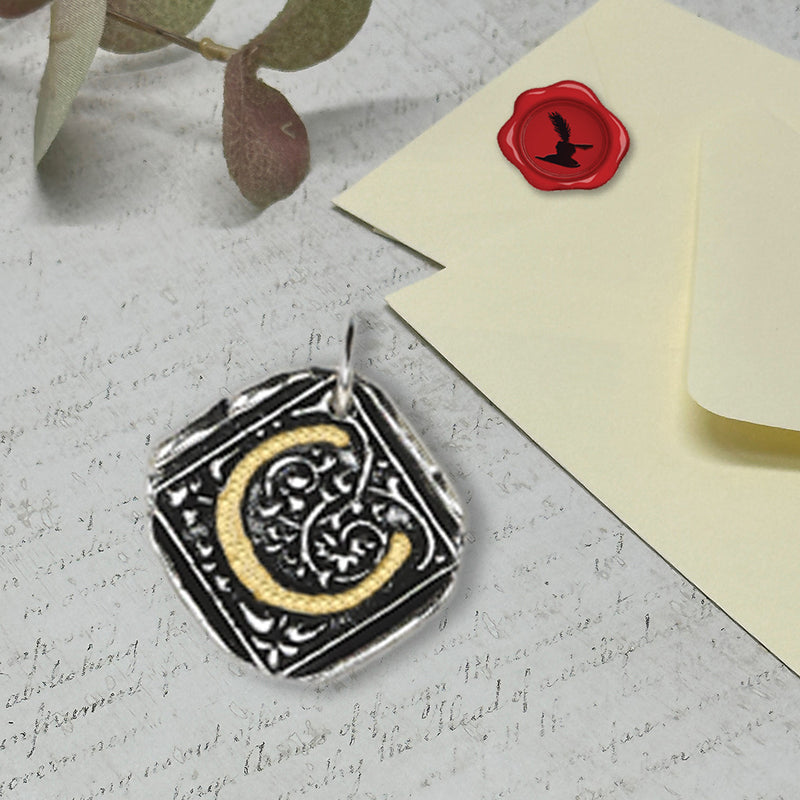 Filigree Initial Wax Seal Charm 1" square -Antiqued Silver/Brass Initial Accent-Made in Italy