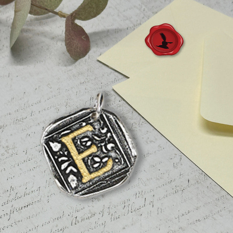 Filigree Initial Wax Seal Charm 1" square -Antiqued Silver/Brass Initial Accent-Made in Italy