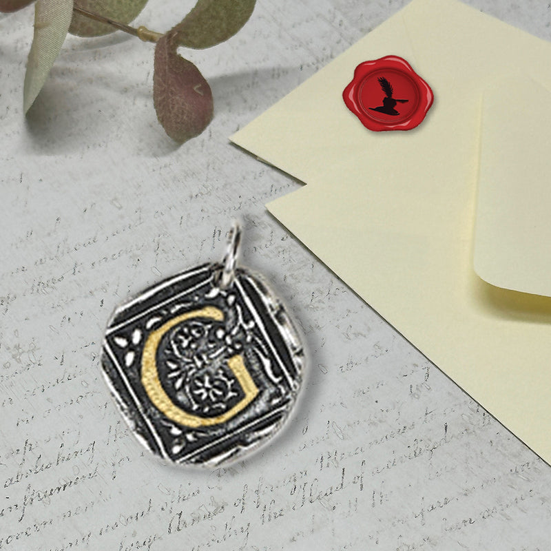 Filigree Initial Wax Seal Charm 1" square -Antiqued Silver/Brass Initial Accent-Made in Italy