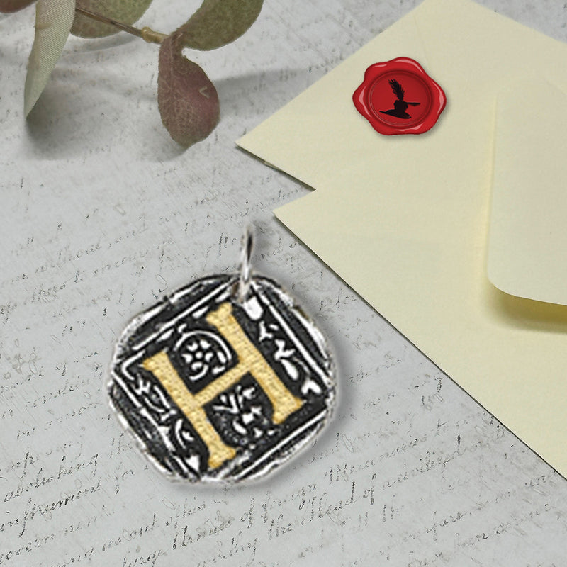 Filigree Initial Wax Seal Charm 1" square -Antiqued Silver/Brass Initial Accent-Made in Italy