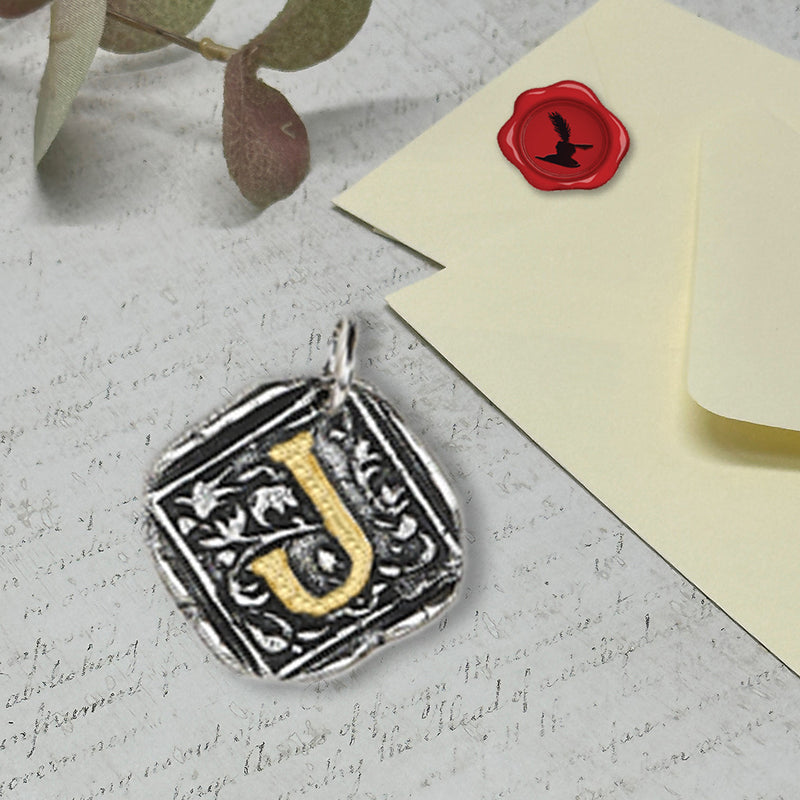 Filigree Initial Wax Seal Charm 1" square -Antiqued Silver/Brass Initial Accent-Made in Italy