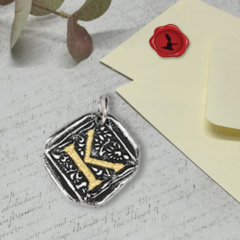 Filigree Initial Wax Seal Charm 1" square -Antiqued Silver/Brass Initial Accent-Made in Italy