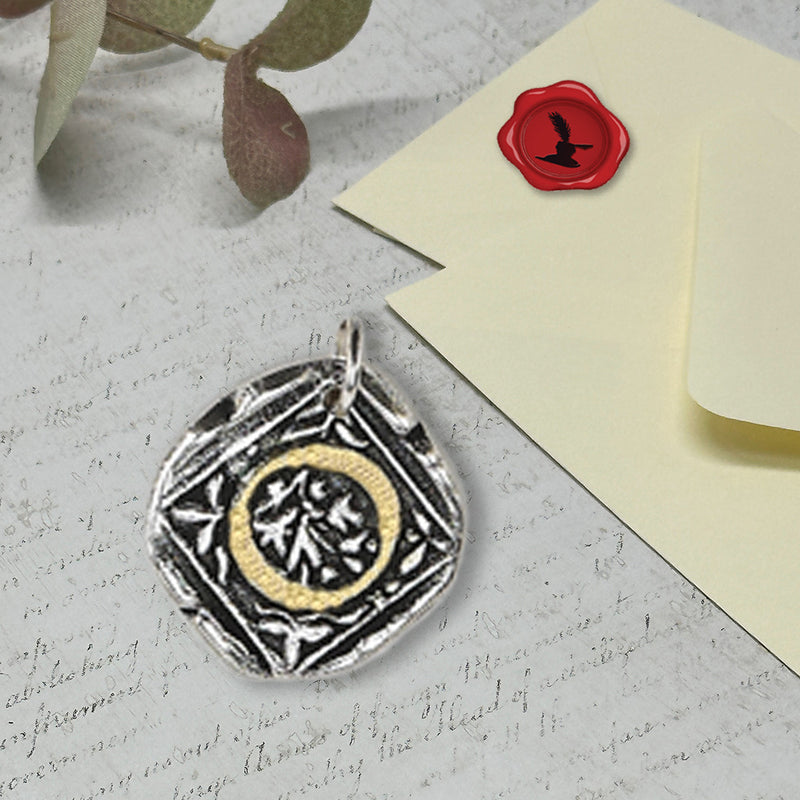 Filigree Initial Wax Seal Charm 1" square -Antiqued Silver/Brass Initial Accent-Made in Italy