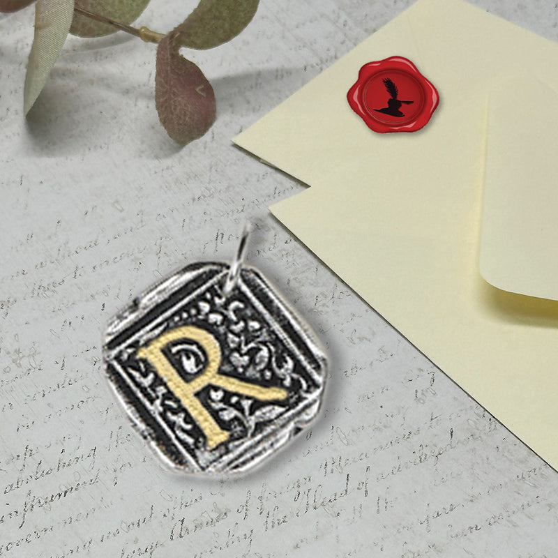 Filigree Initial Wax Seal Charm 1" square -Antiqued Silver/Brass Initial Accent-Made in Italy