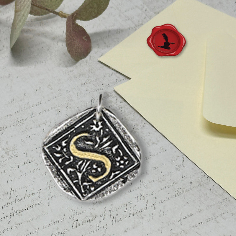 Filigree Initial Wax Seal Charm 1" square -Antiqued Silver/Brass Initial Accent-Made in Italy