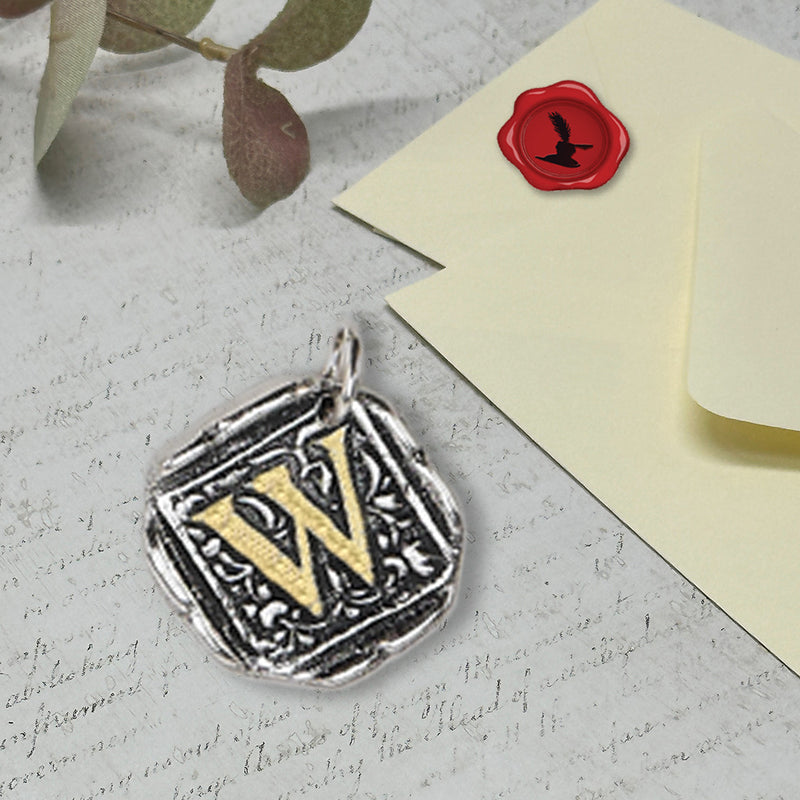 Filigree Initial Wax Seal Charm 1" square -Antiqued Silver/Brass Initial Accent-Made in Italy