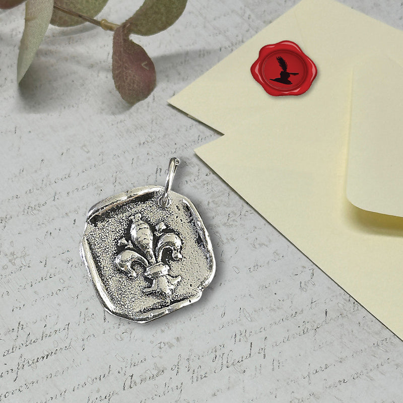 Fleur de Lys Wax Seal Charm 1"Vintage-style square -Antiqued Silver-Made in Italy