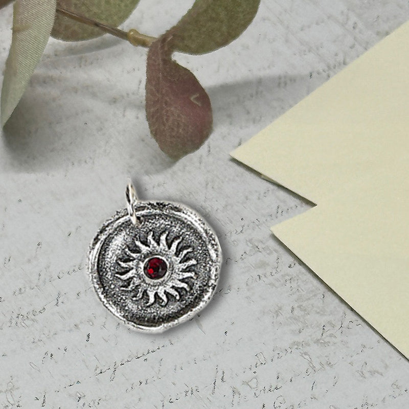 Sun Wax Seal Charm with Birthstone 7/8" -Antiqued Silver -Made In Italy