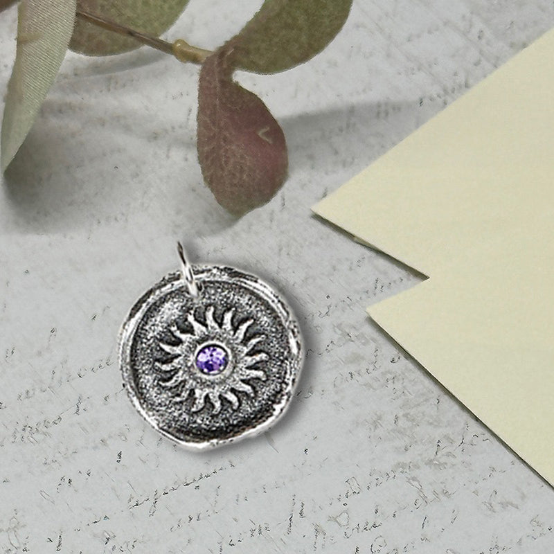 Sun Wax Seal Charm with Birthstone 7/8" -Antiqued Silver -Made In Italy