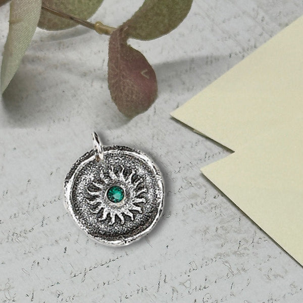 Sun Wax Seal Charm with Birthstone 7/8" - Antiqued Silver - Made In Italy - Nostalgic Impressions