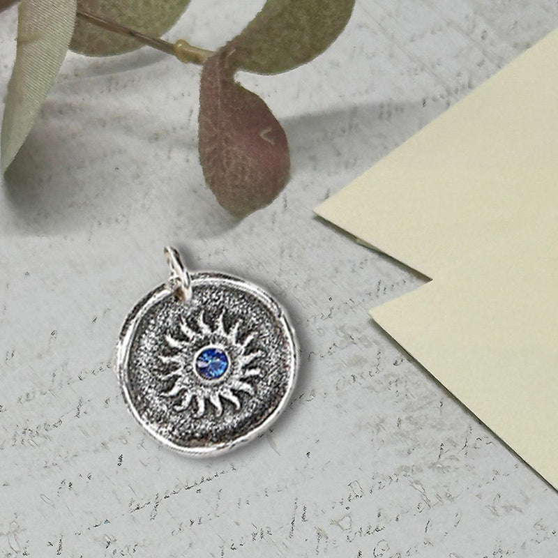 Sun Wax Seal Charm with Birthstone 7/8" -Antiqued Silver -Made In Italy