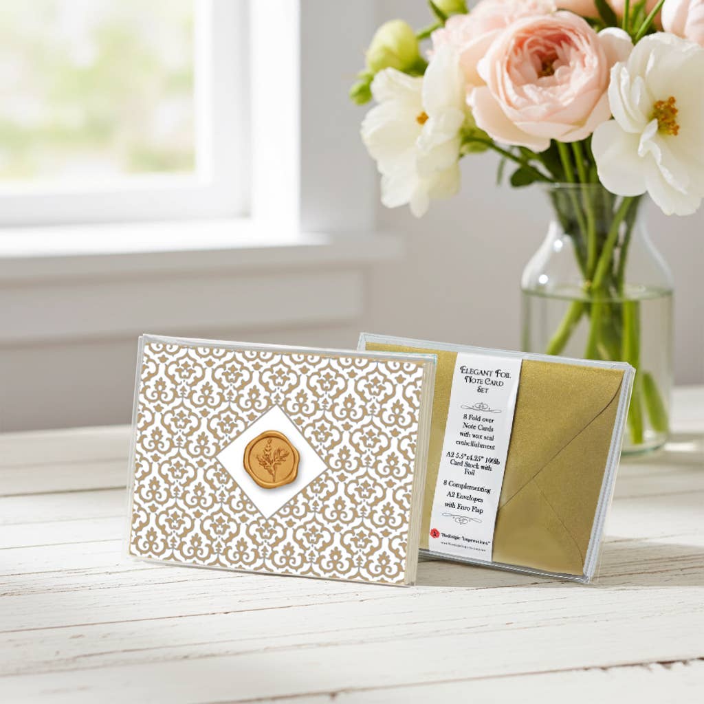 Damask Gold Foil Boxed Note Card Set with Classic Gold Botanical Wax Seal by Nostalgic Impressions