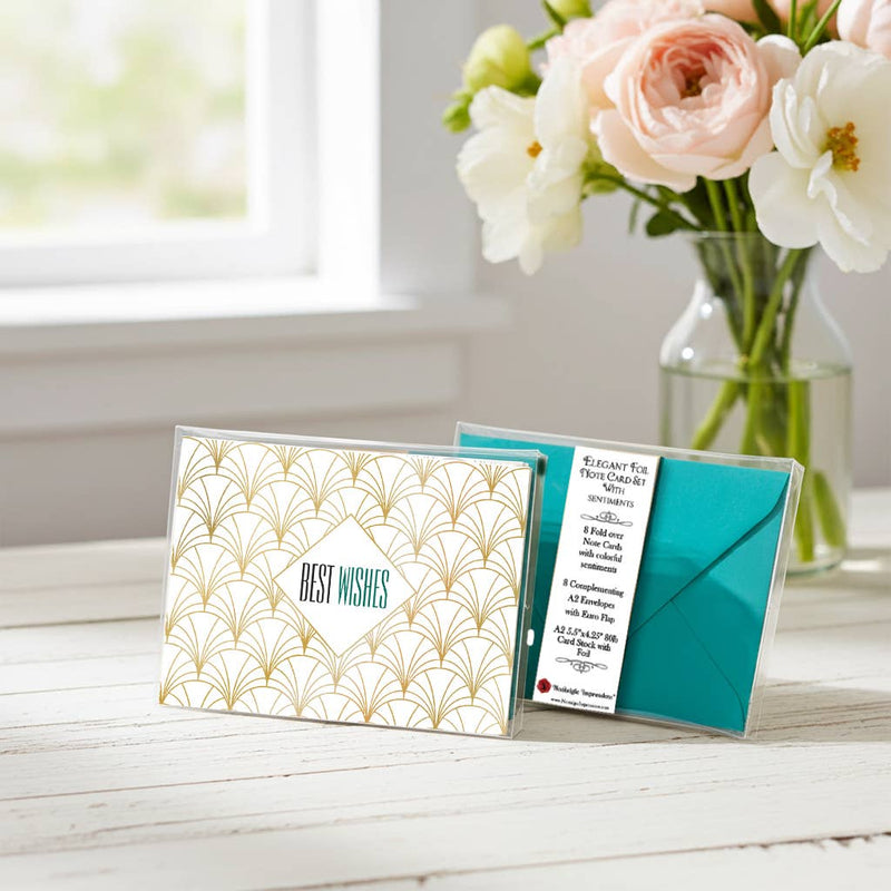 Gold Foil Best Wishes Note Cards Boxed Set of 8 with Teal envelopes by Nostalgic Impressions