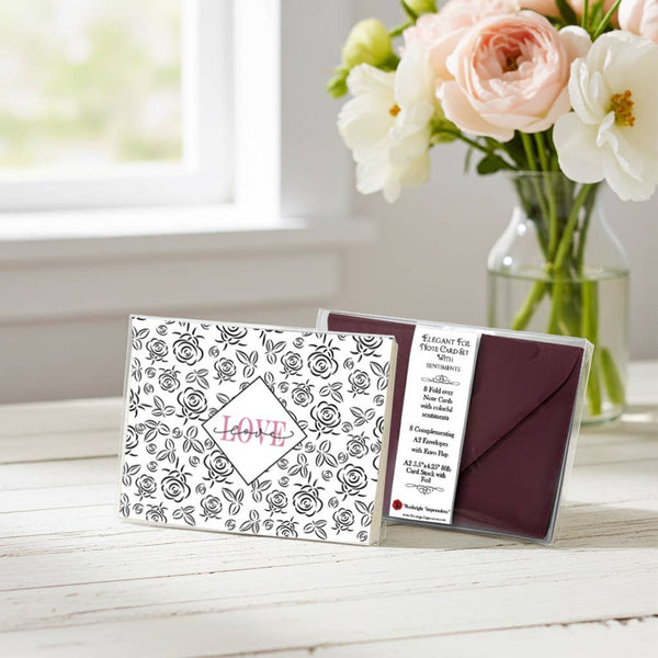 Love Black Foil Note Cards Boxed Set of 8 with Burgundy envelopes by Nostalgic Impressions