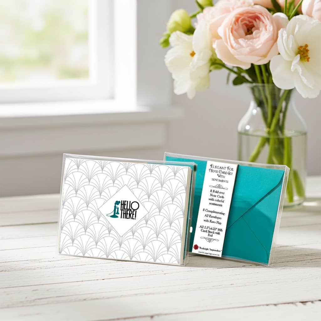 Silver Foil Hello There Note Cards Set of 8 with Teal envelopes Boxes Set by Nostalgic Impressions