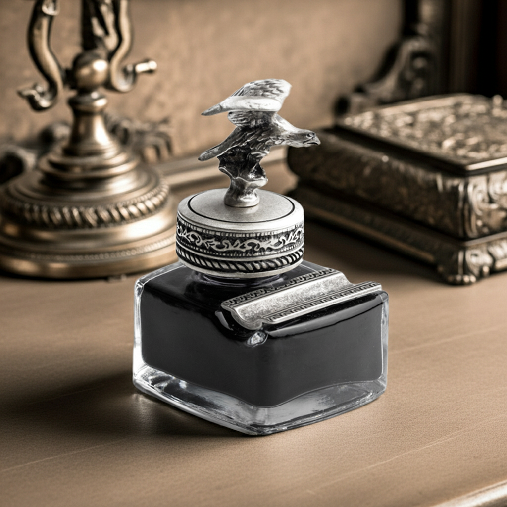 Eagle Glass Inkwell with Pewter Cap & Pen Rest - Black Writing Ink