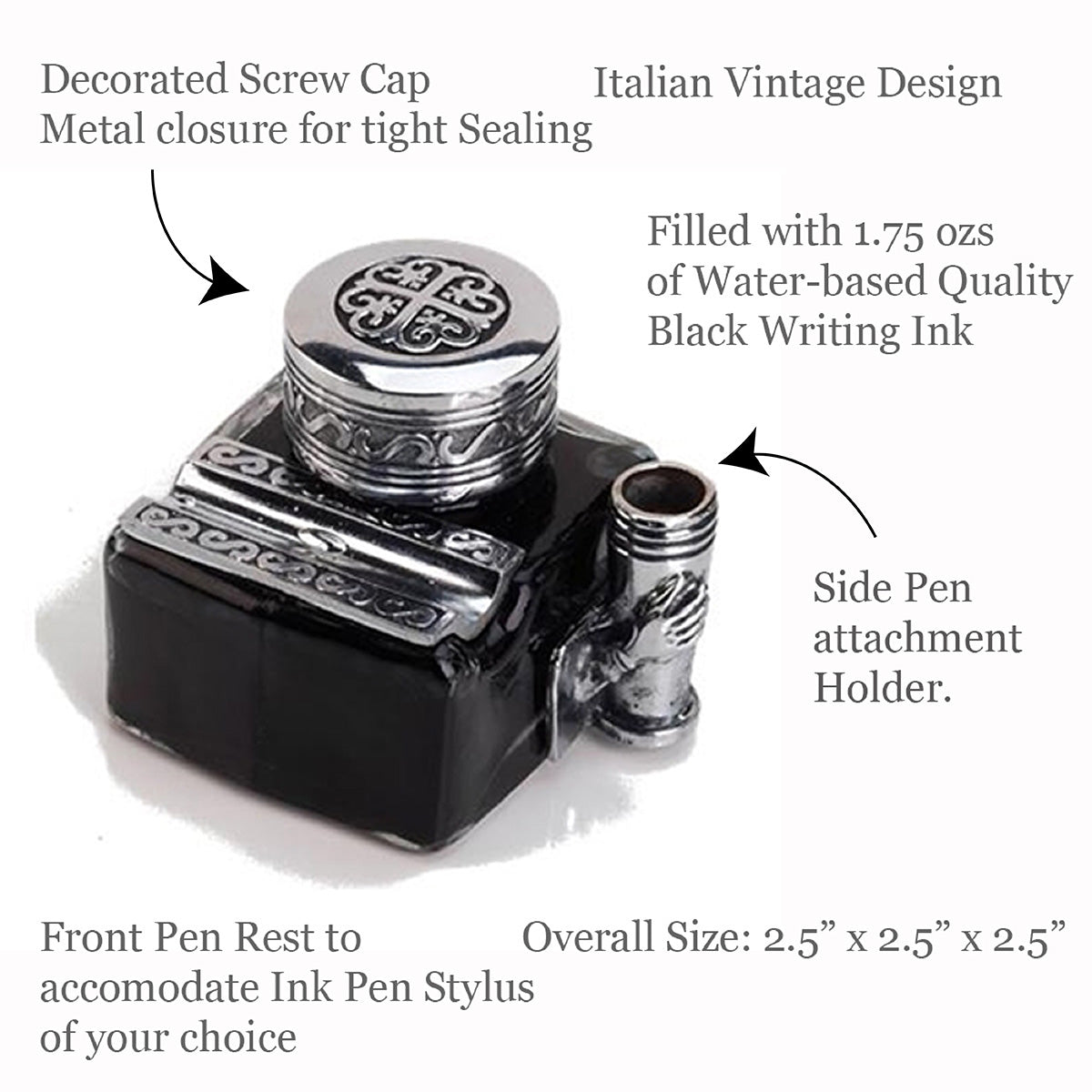 Glass Inkwell with 2 Pen Rests -filled with Ink - Nostalgic Impressions