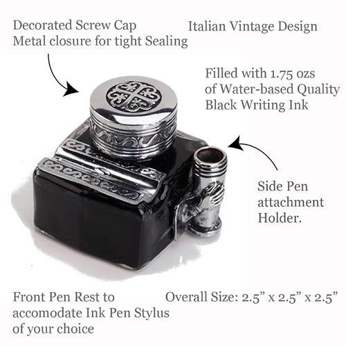 Glass Inkwell with 2 Pen Rests -filled with Ink - Nostalgic Impressions
