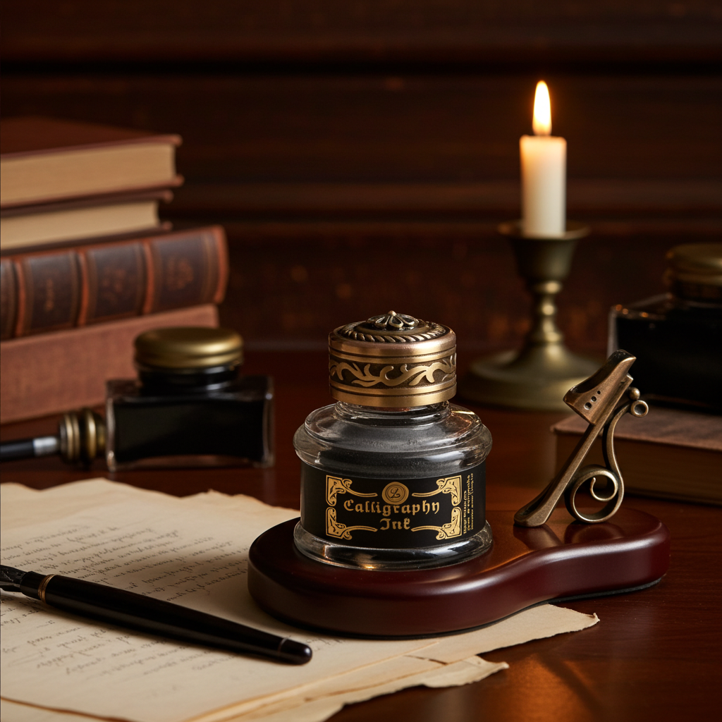 Inkwell with Ink on oval Wood Stand with Brass  Pen Holder