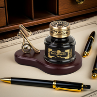 Inkwell with Ink on oval Wood Stand with Brass  Pen Holder