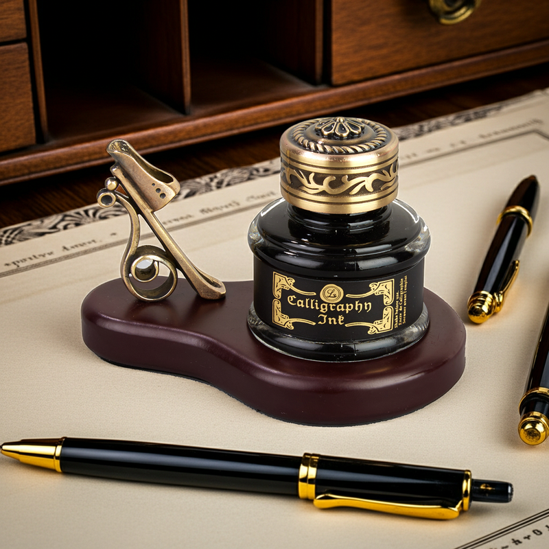 Inkwell with Ink on oval Wood Stand with Brass  Pen Holder