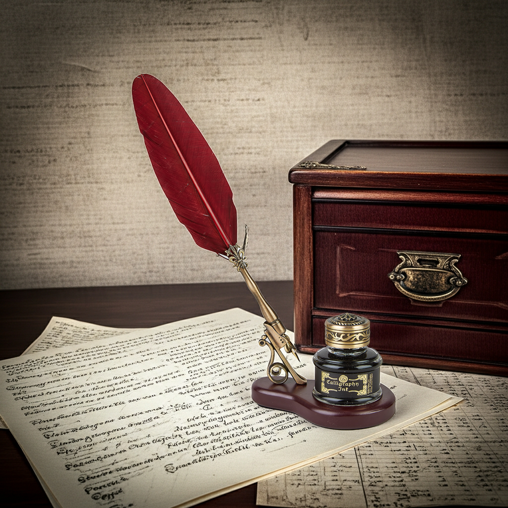 Feather Quill Pen & Wood Stand Desk Set with Ink