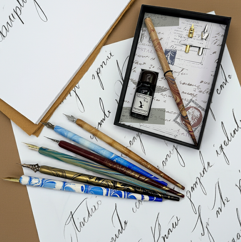 Calligraphy Dip Pen & Ink Starter Gift Set with Wood Pen, Ink and extra Nibs
