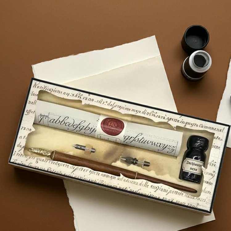 Calligraphy Dip Pen & Ink Gift Set with Wood Pen, Ink, Calligraphy Scroll & extra Nibs