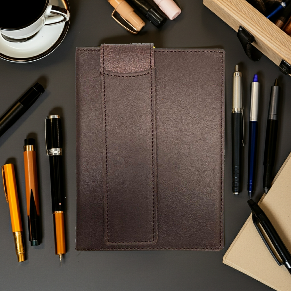 Manufactus Brown Italian Leather Journal with Integrated Pen Holder - Handcrafted in Rome - sold by Nostalgic Impressions