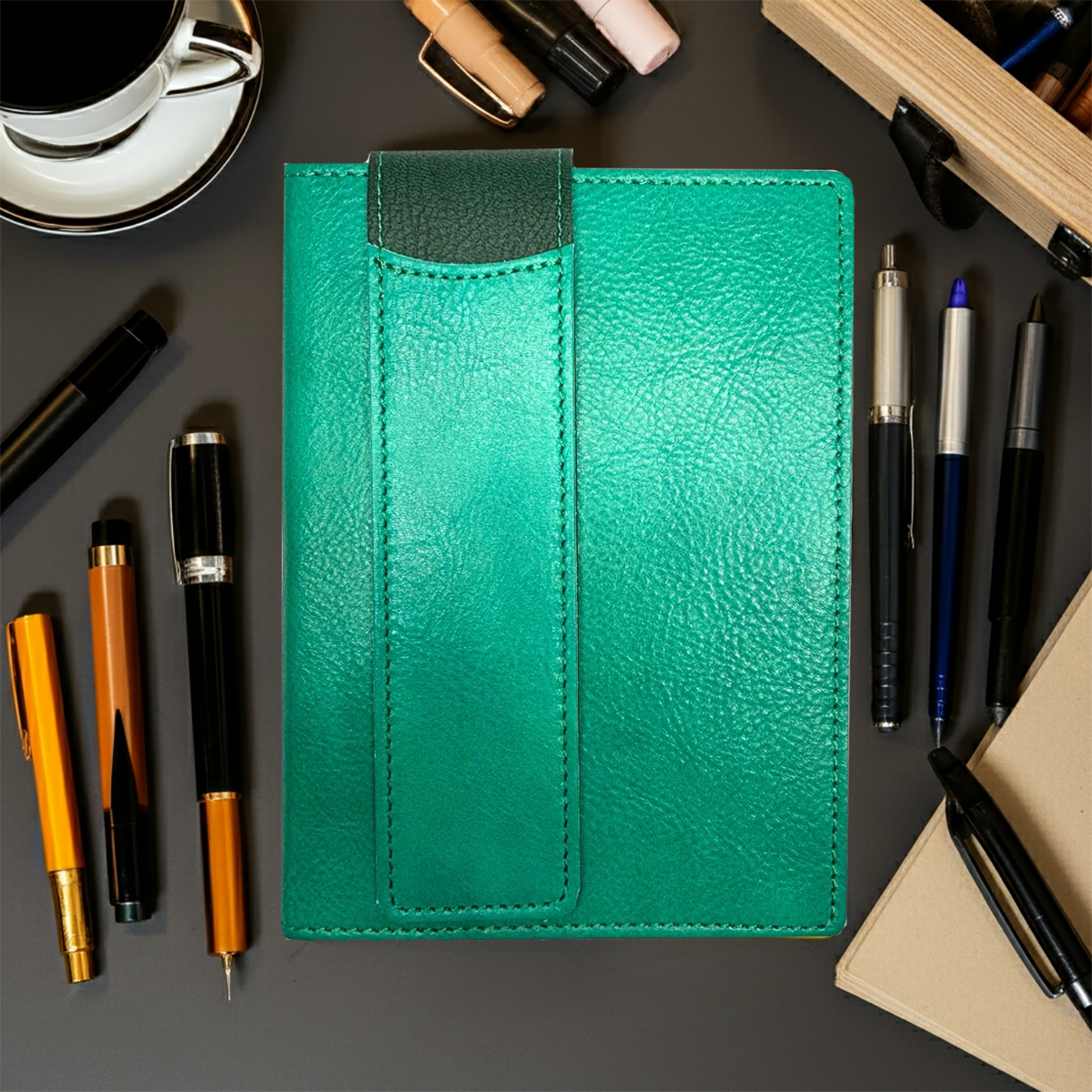 Manufactus Aqua Italian Leather Journal with Integrated Pen Holder - Handcrafted in Rome - sold by Nostalgic Impressions