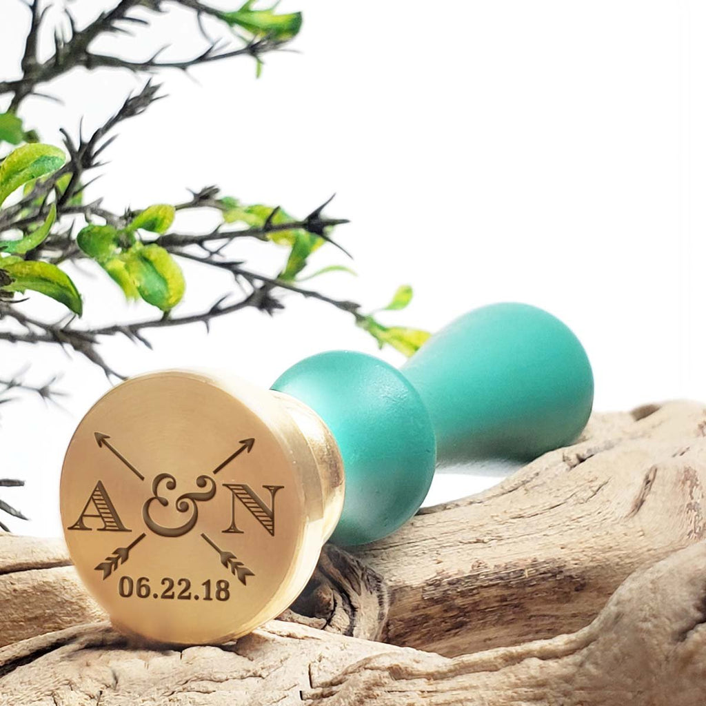 Arrows Monogram with Date Custom Wax Seal Stamp with Turquoise Wood Handle-Multiple Font Choices - Nostalgic Impressions