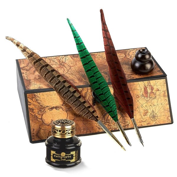 Quillpen Ink Set, goldbrown colour box with phaesant feather -  Museum-webshop