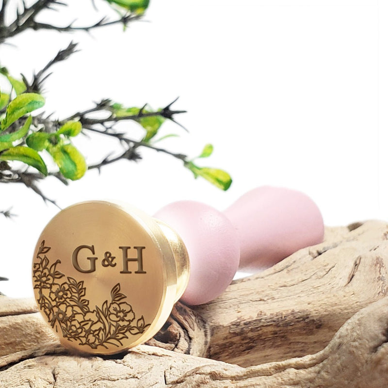 In the Garden Edged Wedding Monogram Custom Wax Seal Stamp with Blush Pink Wood Handle #7016 - Nostalgic Impressions