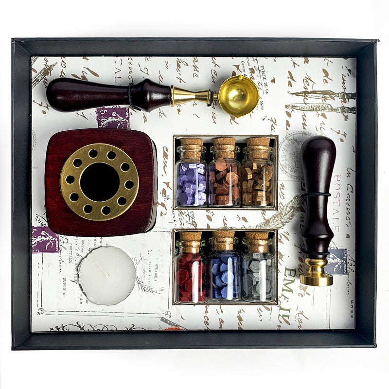 Bead Sealing Wax Kit with 6 colors of Wax Beads, Melting Pot, Candle and Spoon - Nostalgic Impressions