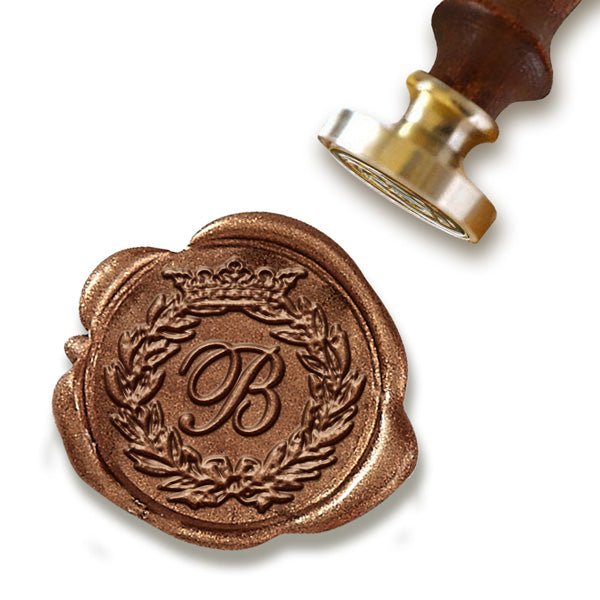 Crown & Wreath Initial Custom Wax Seal Stamp with Turquoise Wood Handle #3148 - Nostalgic Impressions