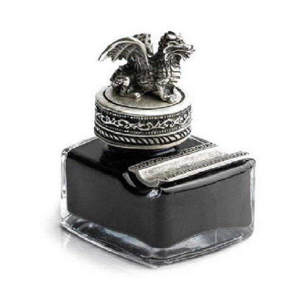 Dragon Glass Inkwell with Pewter Cap & Pen Rest - Black Writing Ink - Nostalgic Impressions