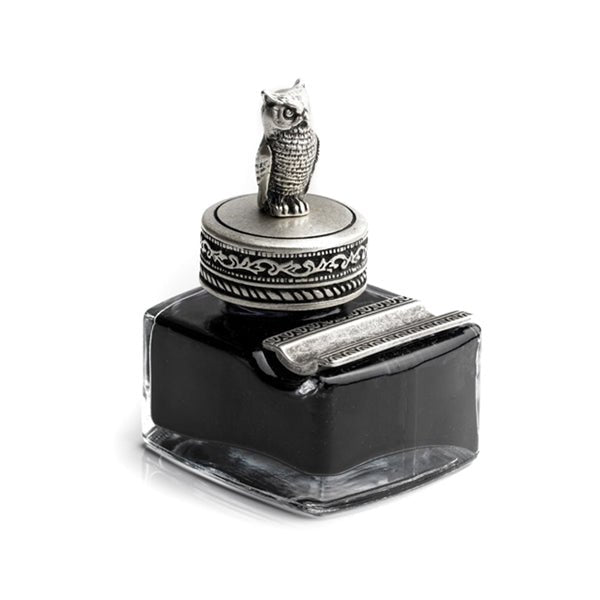 Owl Glass Inkwell with Pewter Cap & Pen Rest - Black Writing Ink - Nostalgic Impressions