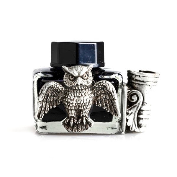 Owl Glass Inkwell with Pewter Owl, Pen Holder and Black Writing Ink - Nostalgic Impressions
