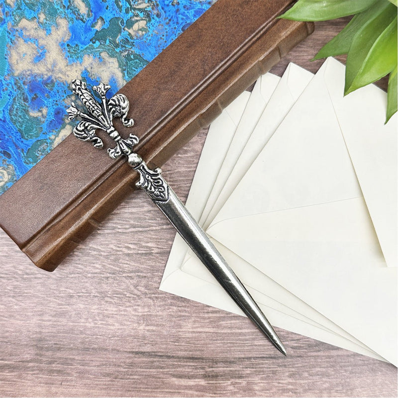 Florentine Note Card Gift Set with Fleur de Lis Antiqued Letter Opener- Blue Classica - Nostalgic Impressions