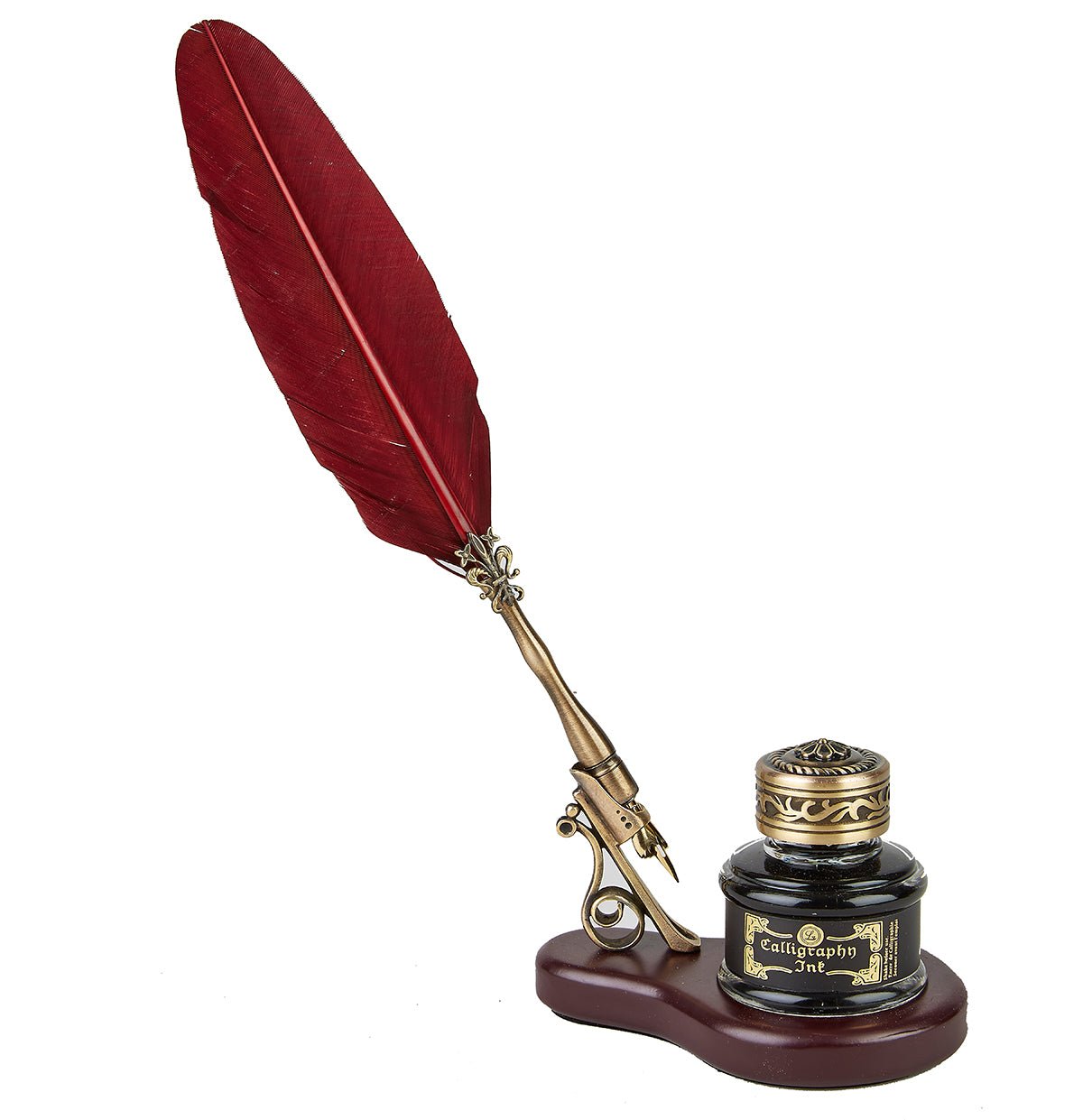 Feather Quill Pen Desk Set with Vintage Wood Stand, Bronze Pen Holder – Nostalgic Impressions