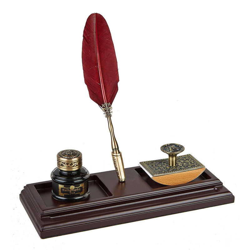 Feather Quill Pen & Wood Stand Desk Set with Ink