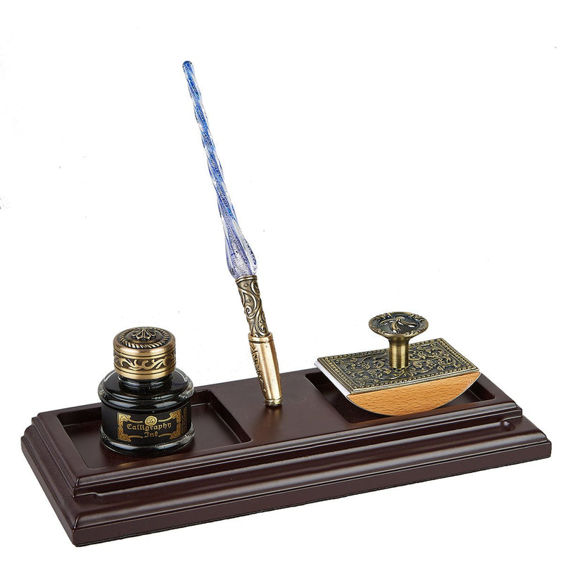 Wood Blotter & Ink Desk Organizer Set - Bronze - Murano Glass Calligraphy Pen - Nostalgic Impressions