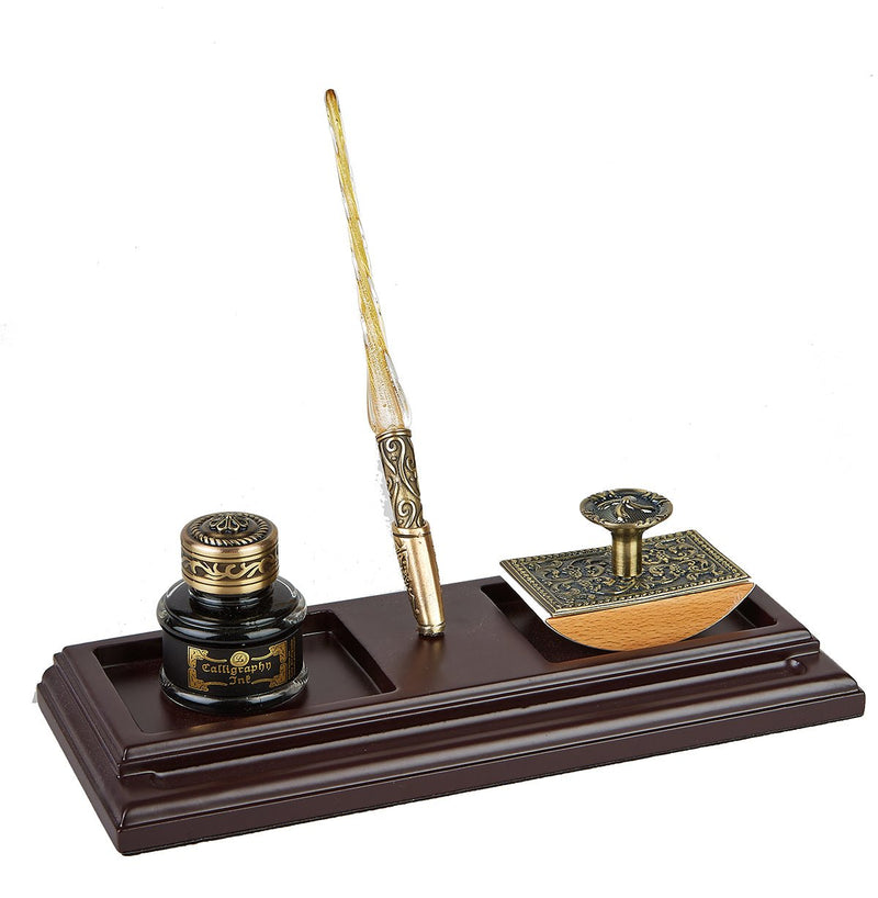 Wood Blotter & Ink Desk Organizer Set - Bronze - Murano Glass Calligraphy Pen - Nostalgic Impressions