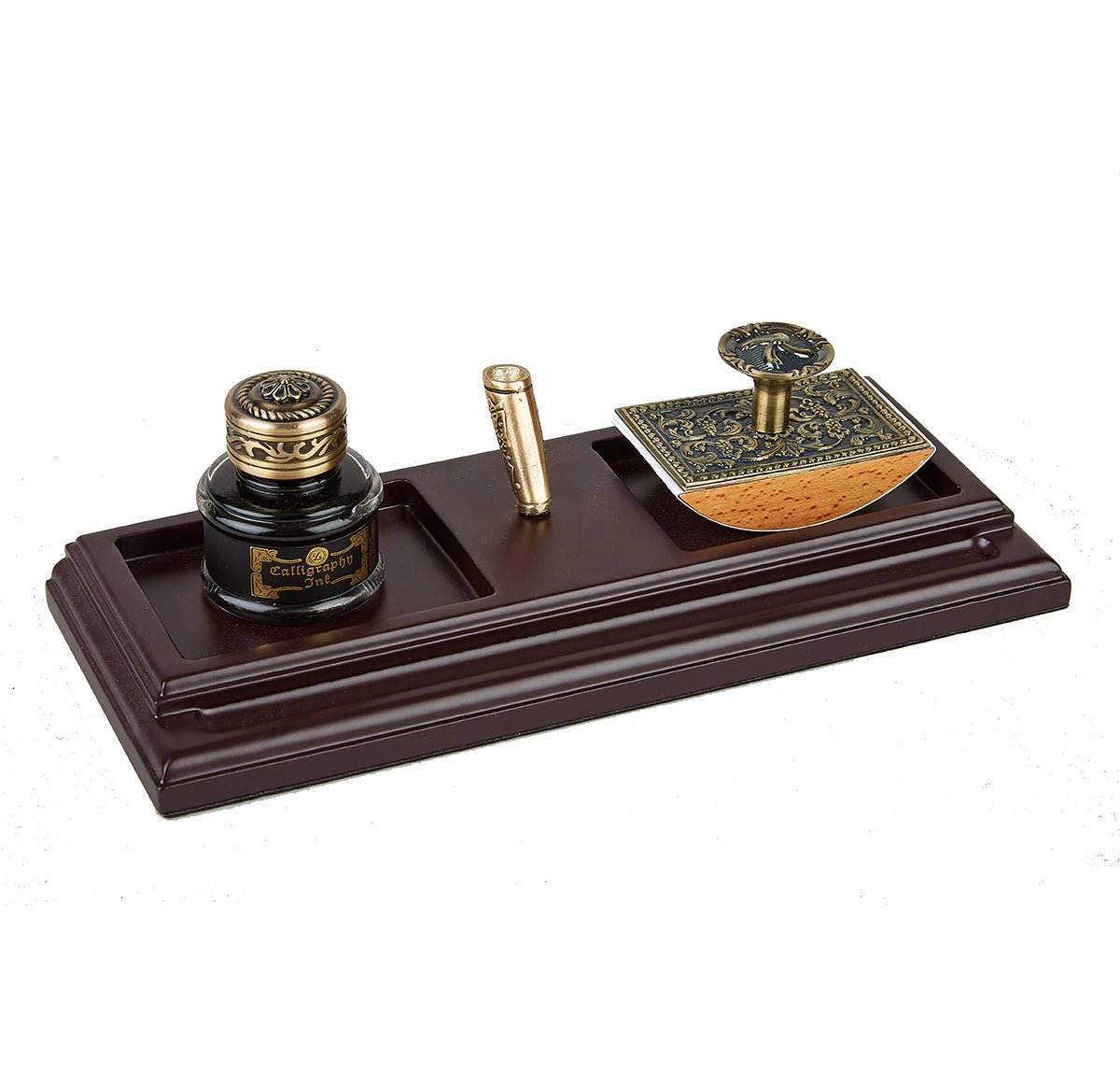 Glass Inkwell with 2 Pen Rests -Filled with Ink；