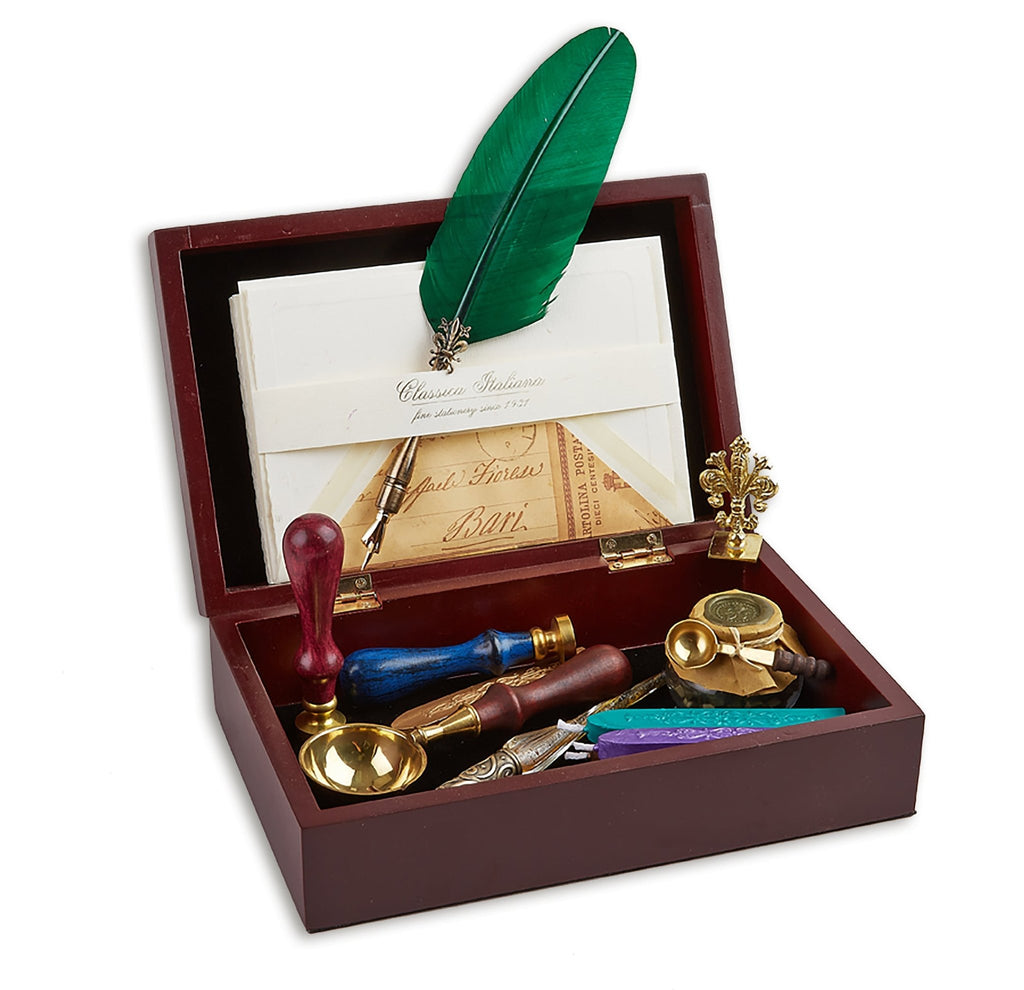 Parchment Stationery Wax Seal Set with Burgundy Quill Pen, Ink, Pen Stand & Sealing Wax-Choice of Initial or Design