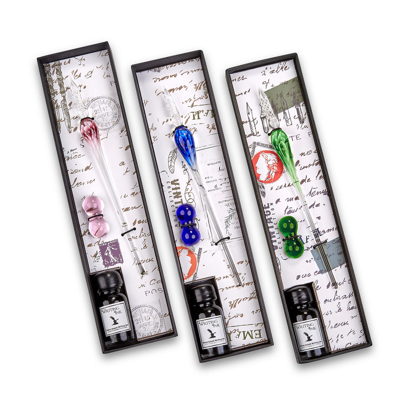 Glass Flower Calligraphy Dip Pen & Ink Set with Pen Rest - Nostalgic Impressions