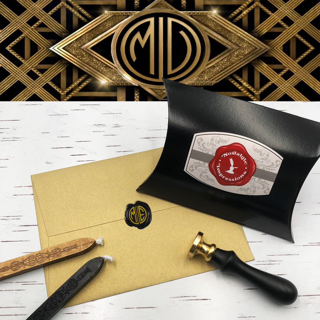 Gatsby Monogram Initial Custom Wax Seal Stamp Kit with Black and Gold Sealing Wax - Nostalgic Impressions